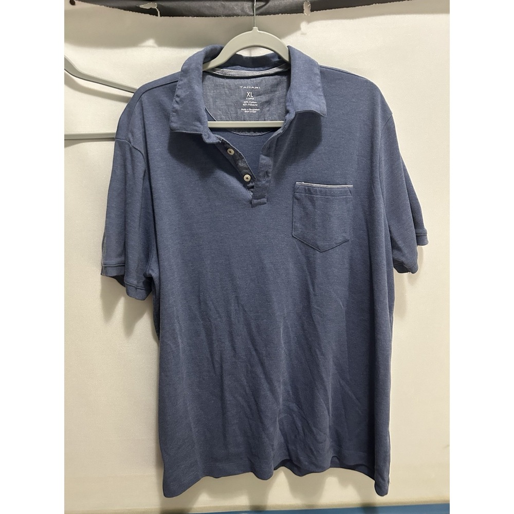 Tahari Polo Shirt Mens XL Blue Short Sleeve Pocket Solid Pullover Cotton